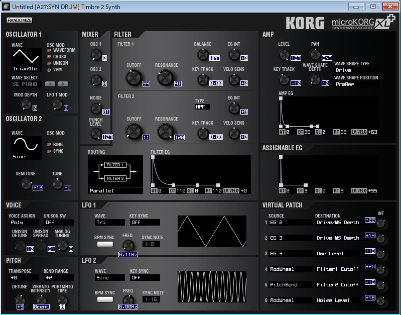 A27 SYN DRUMのシンセ・エディット・ウィンドウ画面
