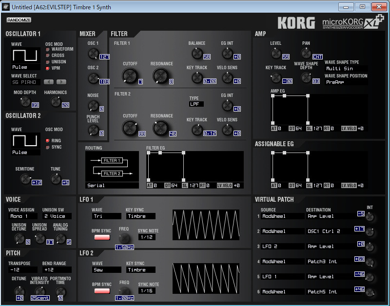 A62 EVILSTEPのシンセ・エディット・ウィンドウ画面