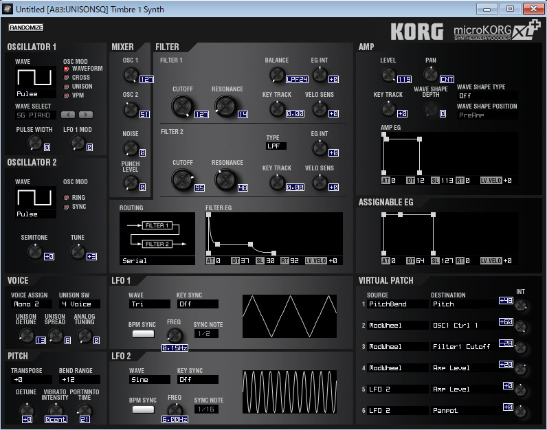 A83 UNISONSQのシンセ・エディット・ウィンドウ画面