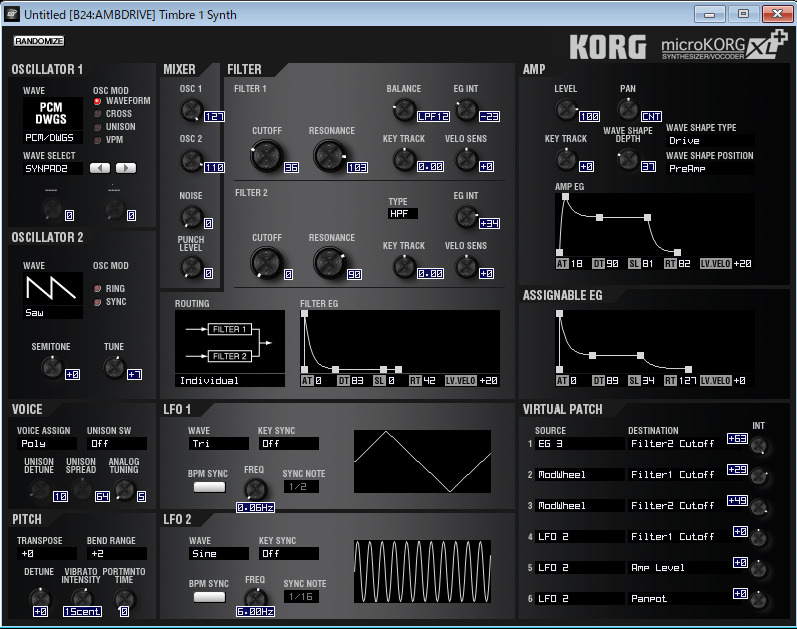 microKORG XL+ Sound Editorのシンセ・エディット・ウィンドウ画面