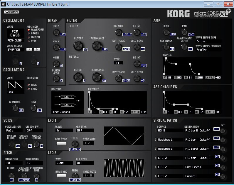 B24 AMBDRIVEのシンセ・エディット・ウィンドウ画面