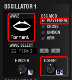 WAVE：FORMANT、OSC1 MOD：WAVEFORMでのC2：FORMANT SHIFT