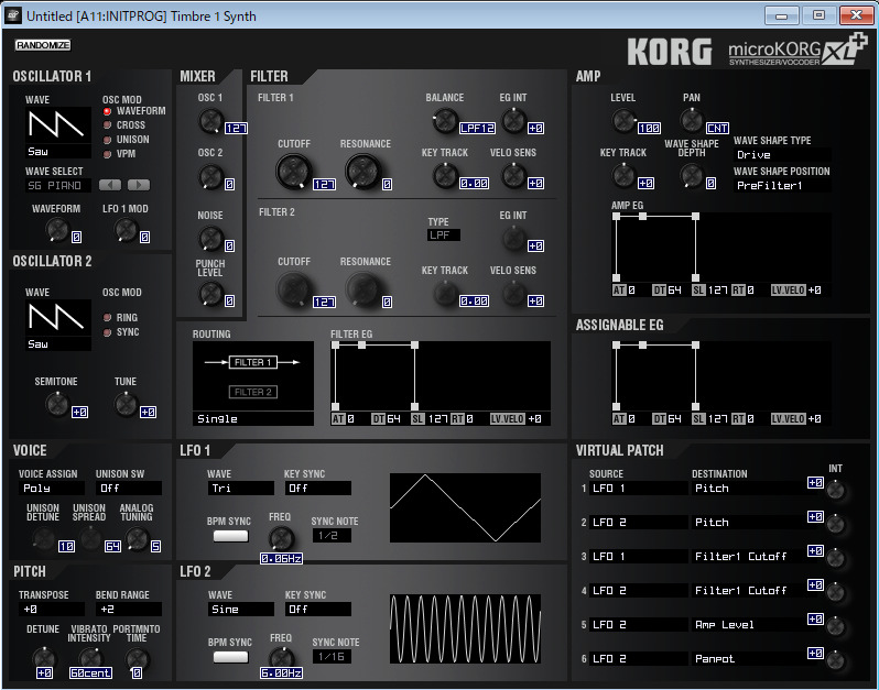 microKORG XL+ Sound Editorのシンセ・エディット・ウィンドウ画面