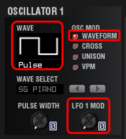 実験2（WAVE：PULSE、OSC1 MOD：WAVEFORM、C２：LFO1 MOD：0→127）