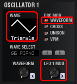 実験3（WAVE：TRIANGLE、OSC1 MOD：WAVEFORM、C２：LFO1 MOD：0→127）