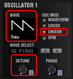 実験2（OSC1：WAVE：SAW、OSC1：OSC MOD：UNISON、OSC1 CTROL1：DETUNE：0→127