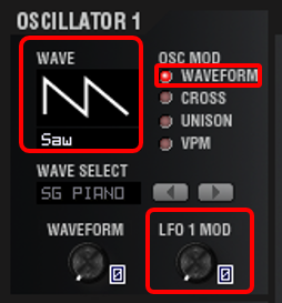 実験1（WAVE：SAW、OSC1 MOD：WAVEFORM、C２：LFO1 MOD：0→127）