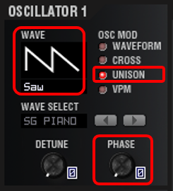 実験1（WAVE：SAW、OSC1 MOD：UNISON、C２：PHASE：0→127）