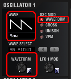 WAVE：SAW、OSC1 MOD：WAVEFORMでのC1：WAVEFORM