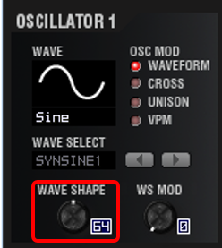 実験2（WAVE：SINE、OSC1 MOD：WAVEFORM、OSC1 CTRL1：WAVE SHAPE：64）