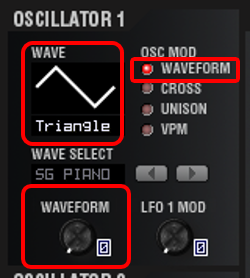 WAVE：TRIANGLE、OSC1 MOD：WAVEFORMでのC1：WAVEFORM