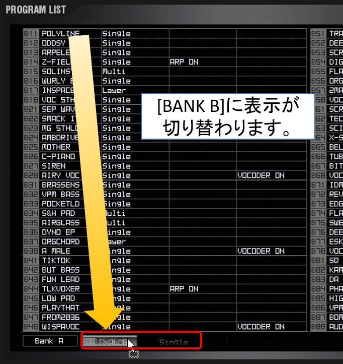 別のBANKにコピーする方法：[BANK B]ボタンにドラッグすると、[BANK B]に表示が切り替わります。
