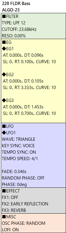 228 FLDR Bass alg-23 param etc